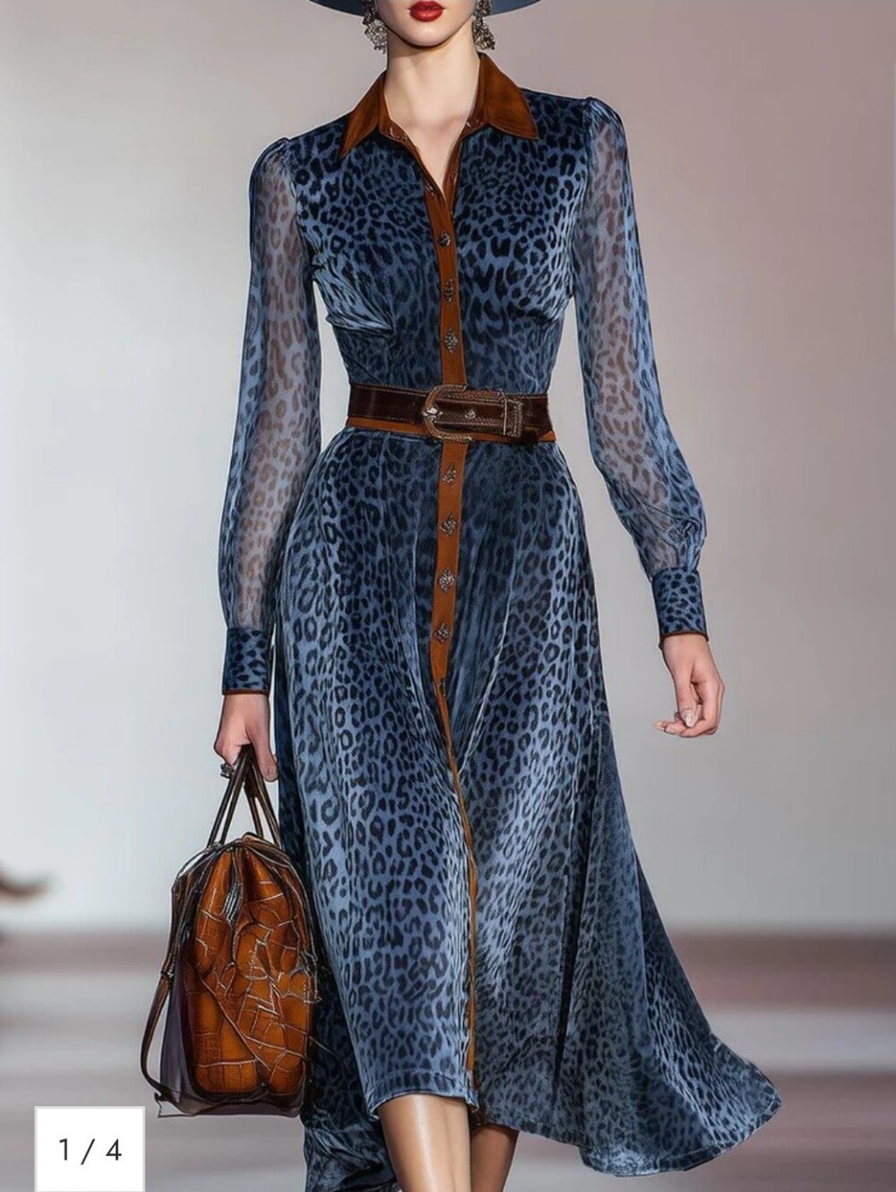 Blue Leopard Print Long Sleeve Button Front Dress with Brown Trim
